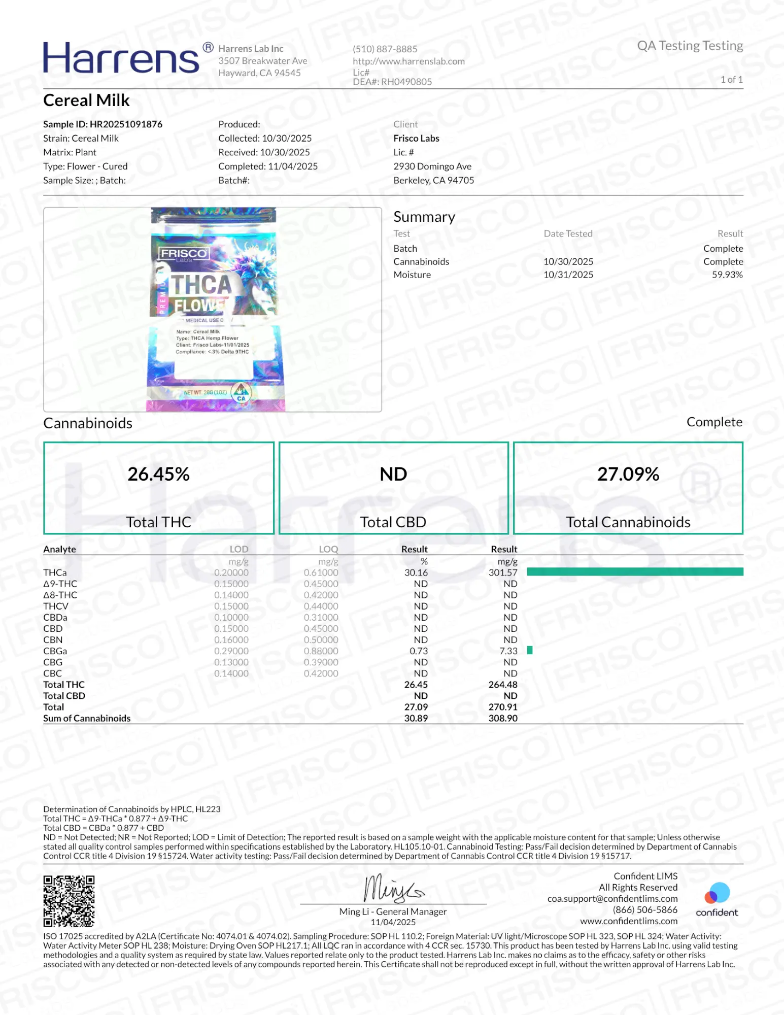 1 Pound -  Cereal Milk THCA Strain (Small) Frisco Labs