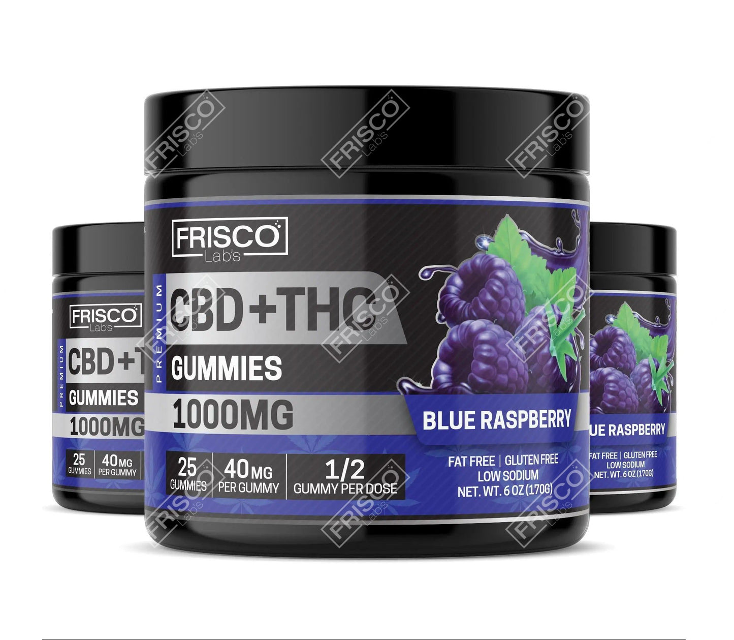 CBD+THC Gummies, Blue Raspberry - 1000mg | 25 Pcs Gummies Frisco Labs