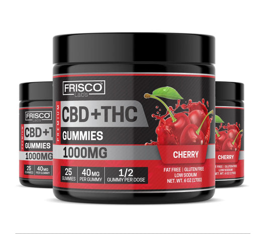 CBD+THC Gummies, Cherry - 1000mg | 25 Pcs Gummies - Frisco Labs