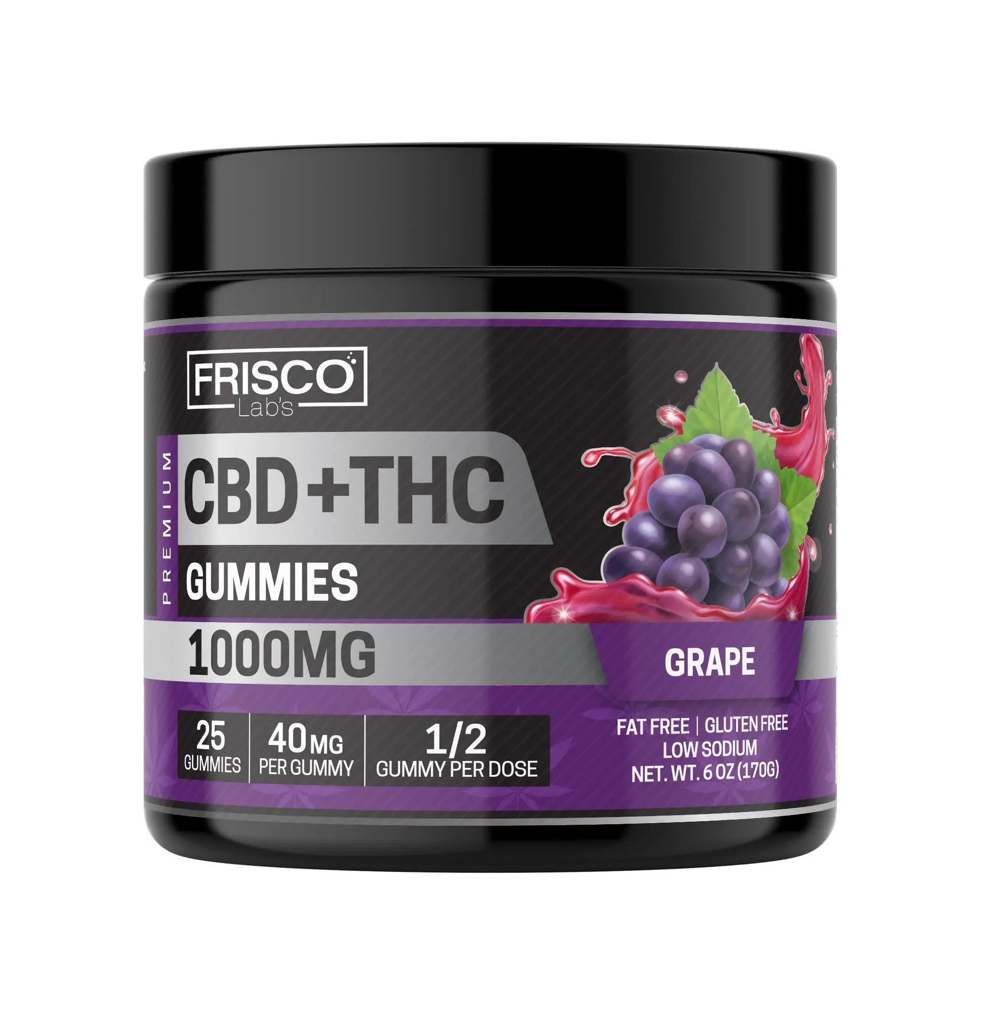 CBD+THC Gummies, Grape - 1000mg | 25 Pcs Gummies - Frisco Labs