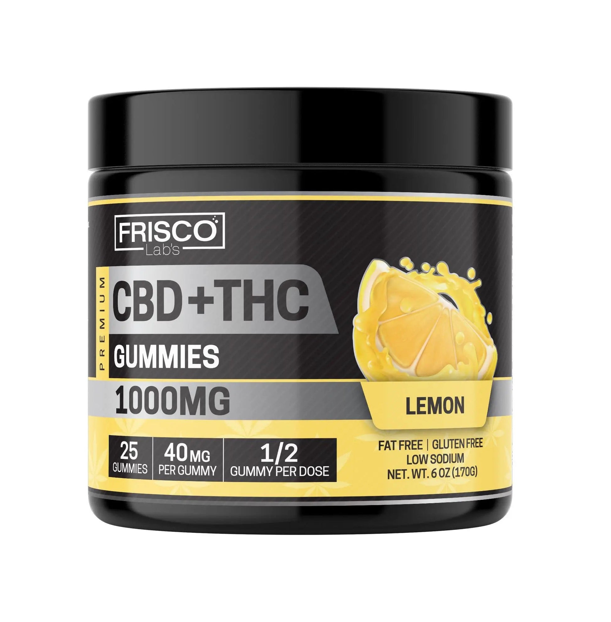 CBD+THC Gummies, Lemon - 1000mg | 25 Pcs Gummies Frisco Labs