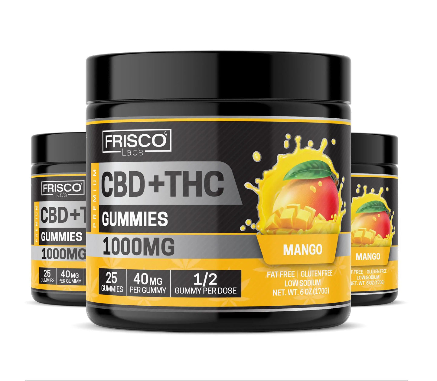 CBD+THC Gummies, Mango - 1000mg | 25 Pcs Gummies - Frisco Labs
