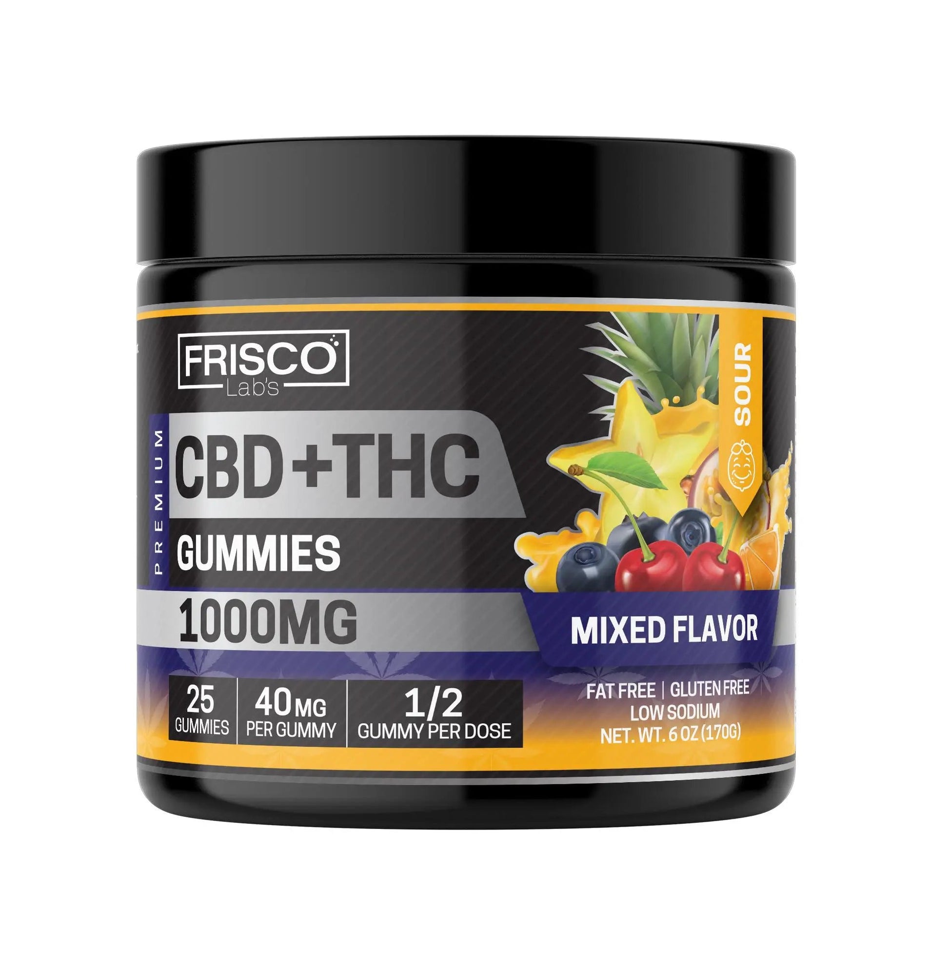 CBD+THC Gummies, Mix Flavor Sour- 1000mg | 25 Pcs Gummies Frisco Labs