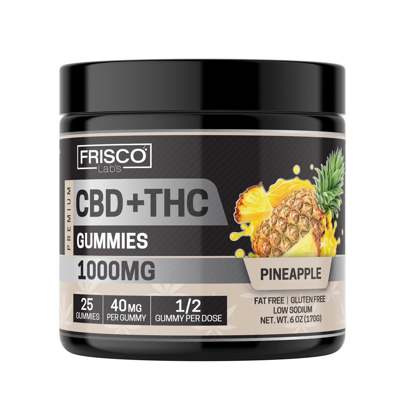 CBD+THC Gummies, Pineapple - 1000mg | 25 Pcs Gummies - Frisco Labs