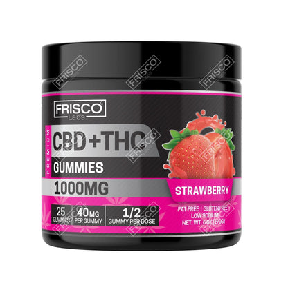CBD+THC Gummies, Strawberry - 1000mg | 25 Pcs Gummies - Frisco Labs
